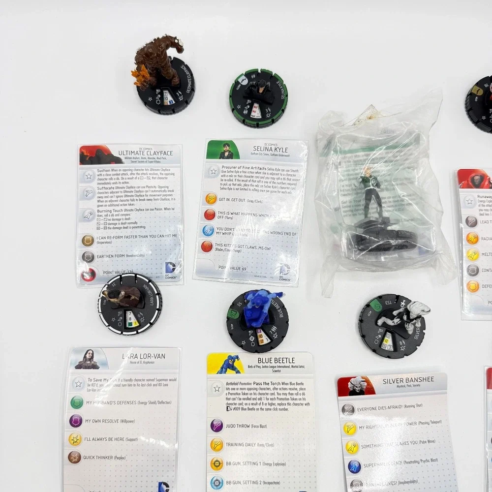 Heroclix DC Comics Uncommon, Super Rare, Unique Mixed Lot of 15 with Cards Lot F